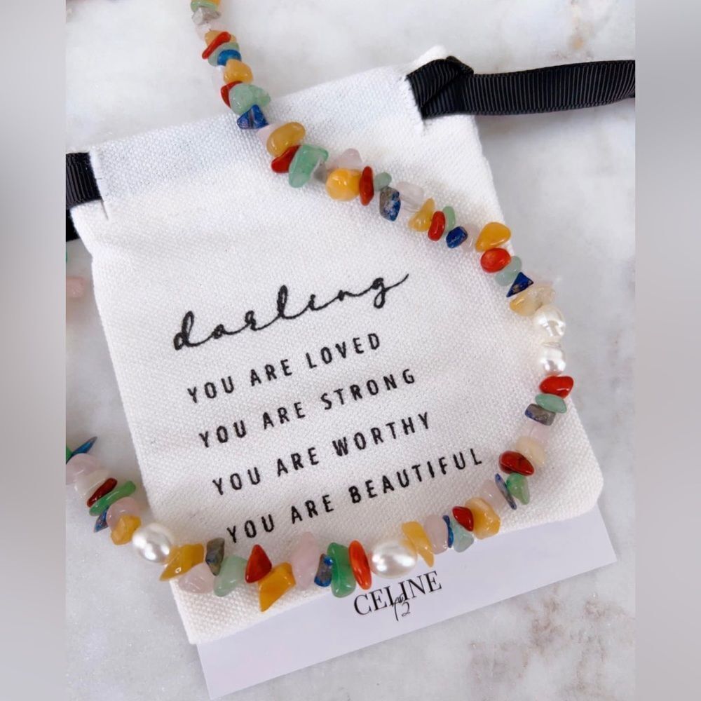 CELINE13 Women Multi colored Stone and‎ Pearl Bohemian Choker Necklace